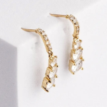 18k gold-tone drop earrings featuring a slender pavé-set arc that leads into a descending tiered cluster of brilliant marquise-cut crystals