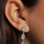 Sophisticated silver-tone drop earrings featuring a tiered design of emerald-cut crystals, each framed by a shimmering pavé halo and separated by accent stones