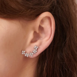Elegant silver-tone ear climbers featuring a series of sparkling, crystal-encrusted floral motifs that follow the natural curve of the earlobe